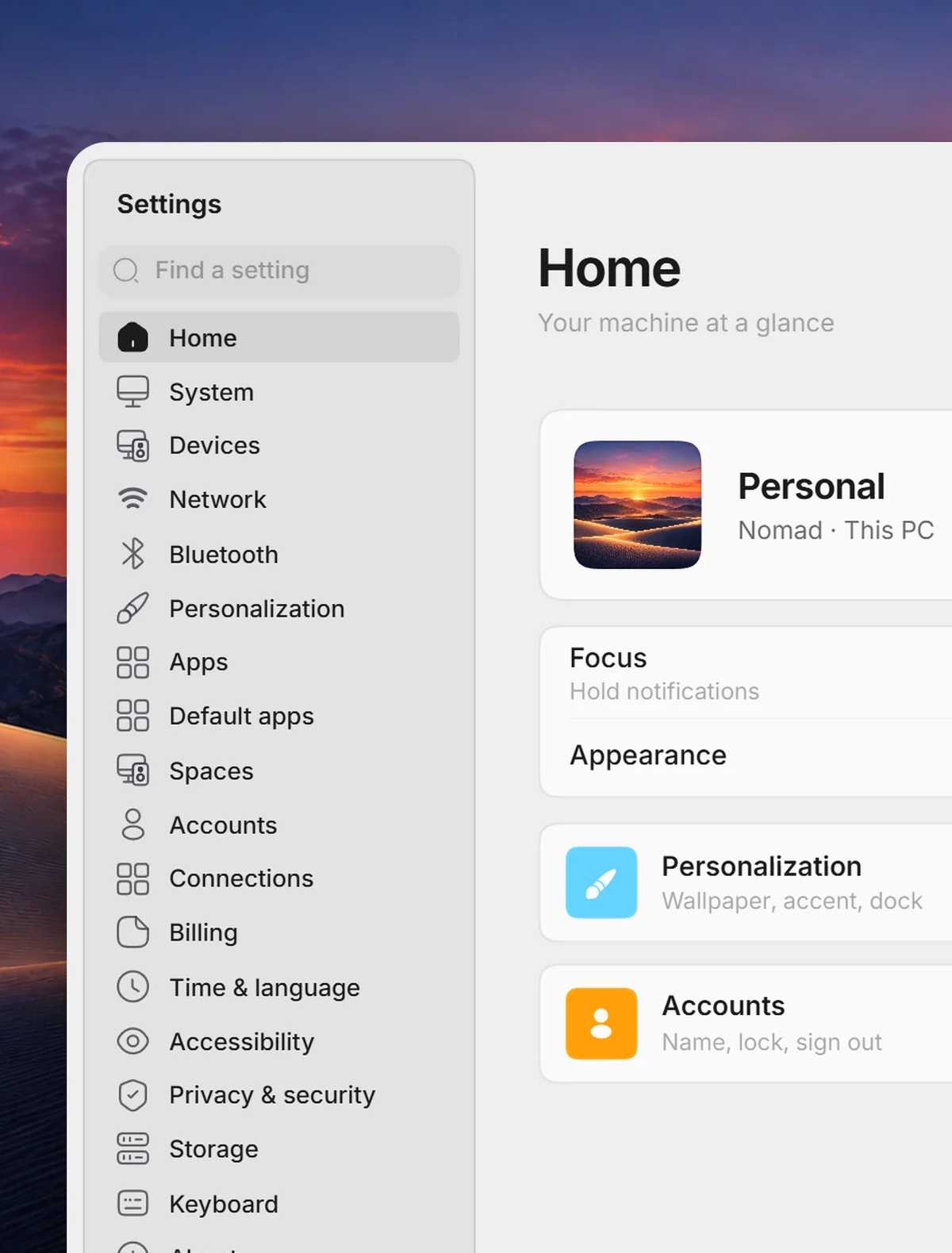Settings on its Home page.
